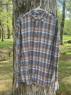 Lightweight Plaid Button-Down Shirt in Blue and Brown by Stafford